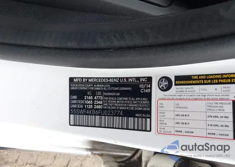 2015 Mercedes-Benz C 300 4Matic из США, поврежденный, VIN 55SWF4KB6FU023774